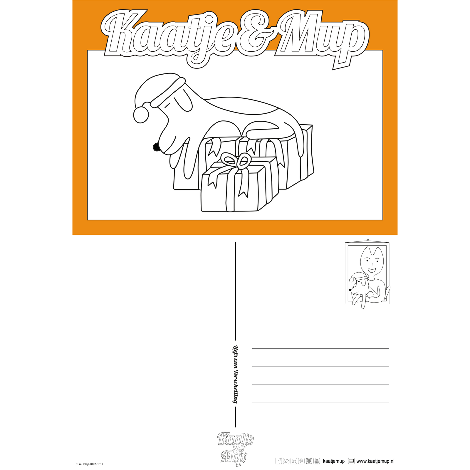 Coloring page card Kaatje&amp;Mup - Mup sleeps on presents