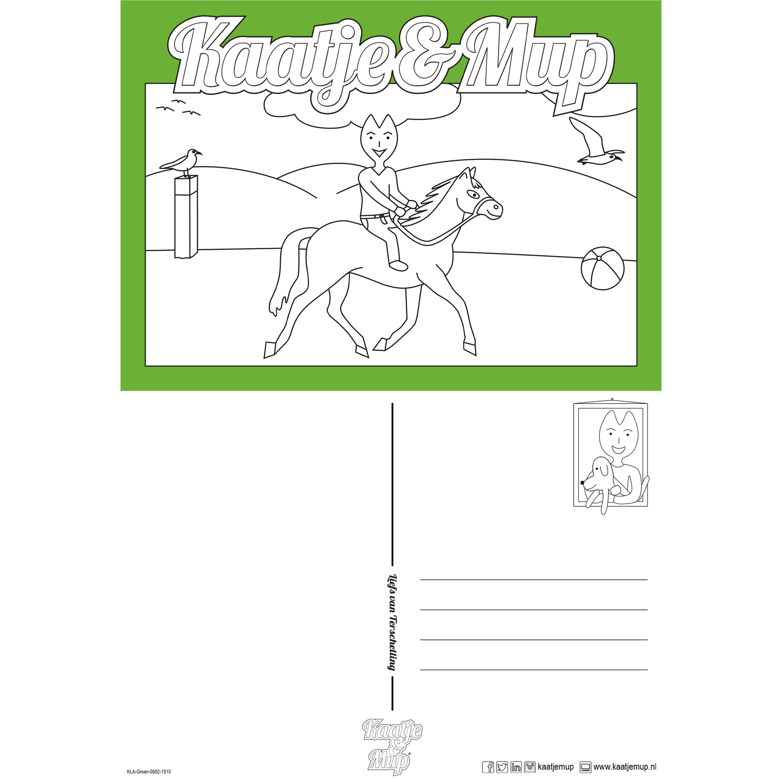 Coloring page card - Green - 13x18cm - Geez rides a horse on the beach