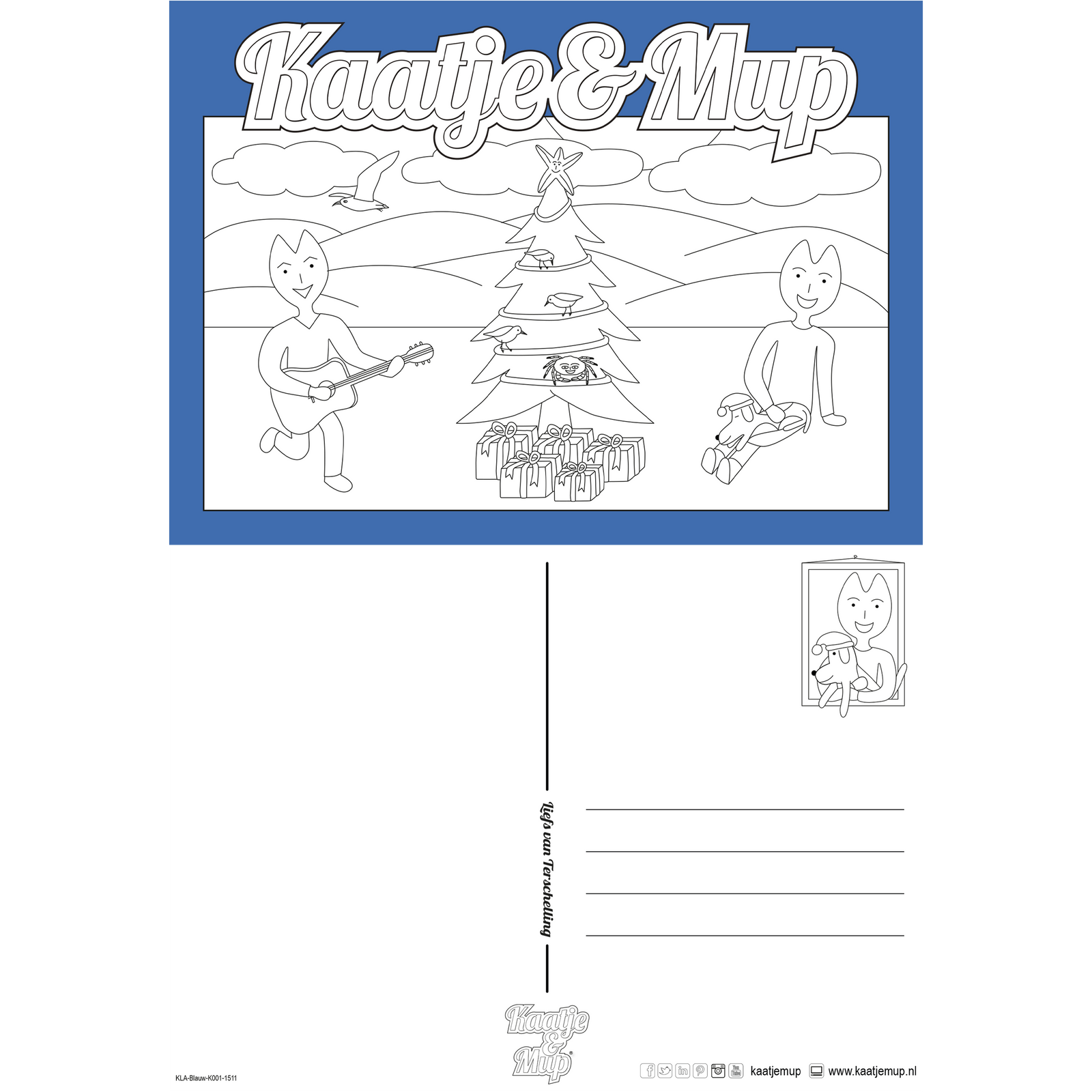 Coloring page card Kaatje&amp;Mup - Christmas on the beach with Kaatje, Mup and Jeetje