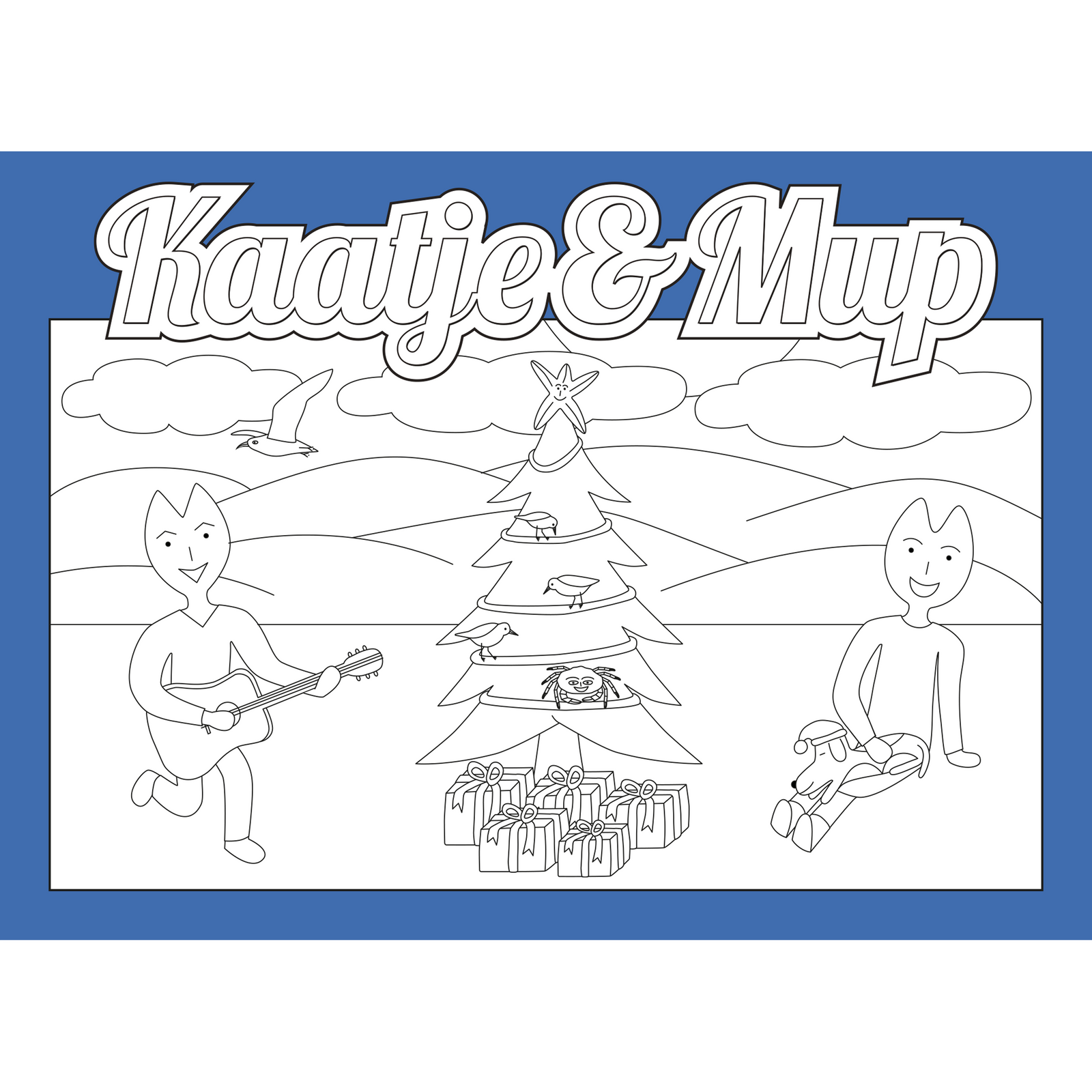 Coloring page card Kaatje&amp;Mup - Christmas on the beach with Kaatje, Mup and Jeetje