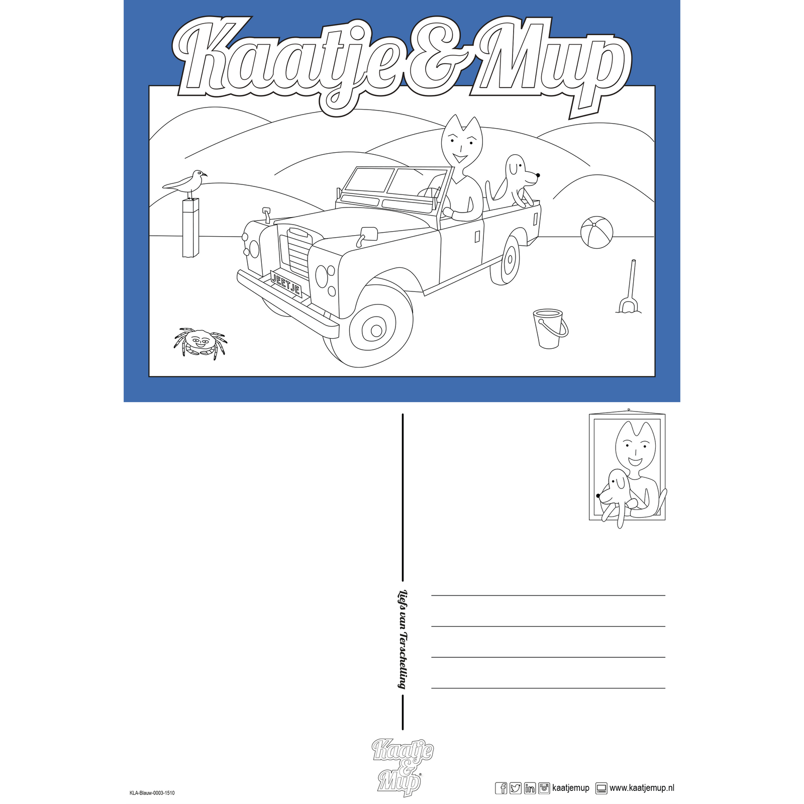 Coloring page card - Blue - 13x18cm - Jeetje's beach ride in the jeep